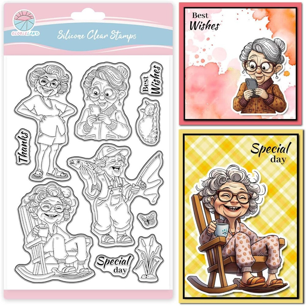 Clear Silicone Stamps For Card Making - Timbres transparents souriantes pour vieille dame,