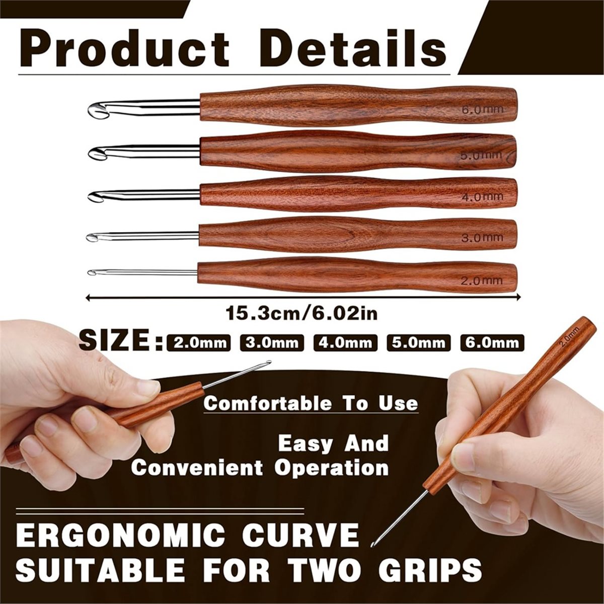 Wooden Crochet Hooks Ergonomic Handle - NOCM 5 crochets ergonomiques en aluminium